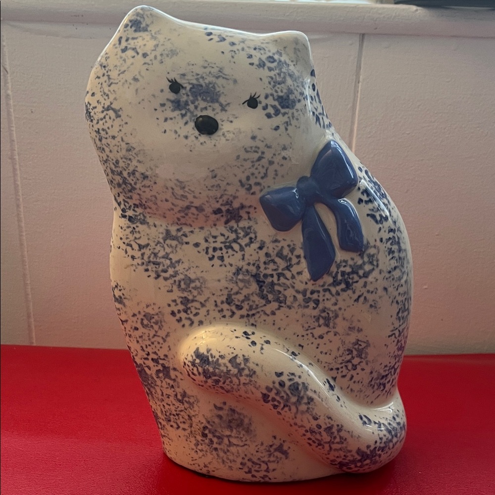 Vintage Large Ceramic Sitting Cat Figurine, Sponge Blue and White 9.5”H 6.5”W